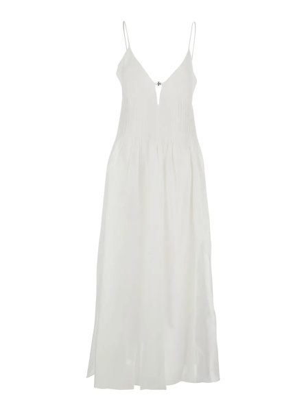 Rochii Long Sleeveless Dress with V-Neck and Logo Plate on the Neck in Linen and Silk Blend White Women