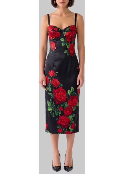 Rochii Midi Dress In Rose-Print Satin