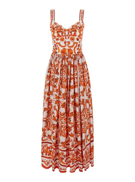 Rochii Orange Long Dress with Bodice with Built-In Cups and All-Over Maiolica Print in Cotton Woman