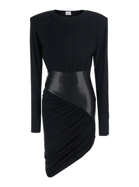 Rochii 'URSULA' black Dress with ecoleather details and draped design in viscose for women