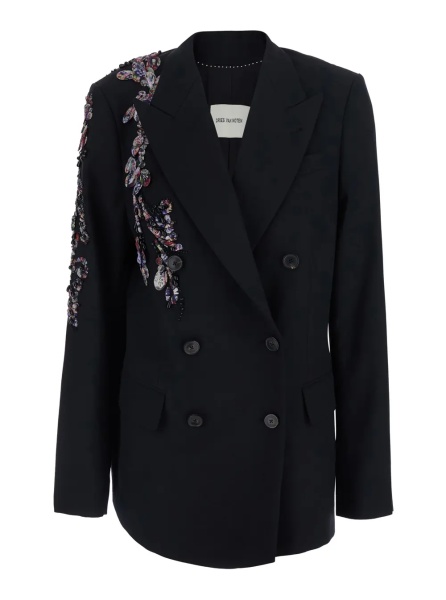 Sacou 'Barrysta' Black Double-Breasted Jacket with Peak revers and Embroidery on the Front in Wool for Women