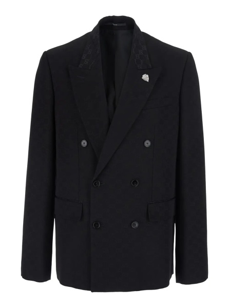 Sacou Black Double-breasted Jacket with Peak Revers and GG Motif in Cotton Blend for Men