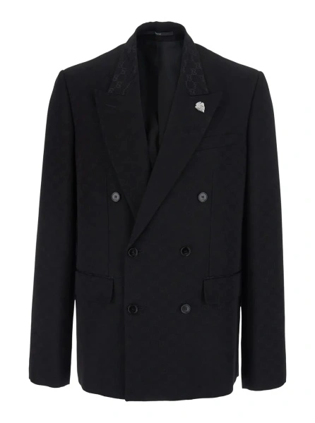 Sacou Black Double-breasted Jacket with Peak Revers and GG Motif in Cotton Blend for Men