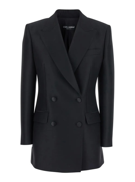 Sacou Black Double-Breasted Jacket with Peak Revers in Wool and Silk Woman