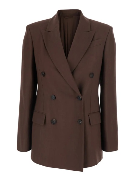 Sacou Brown Double-breasted Jacket with Peak Revers in Viscose Blend for Women