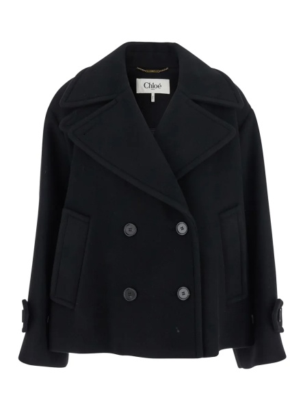 Sacou Double-breasted Jacket with Notched Revers and Dropped Shoulders in Wool Blend Black Women