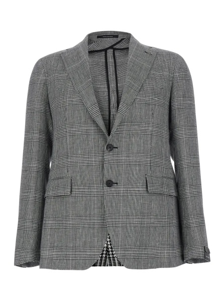Sacou Grey Single-Breasted Jacket with Notched Revers and All-Over Houndstooth Motif in Cotton and Linen Man