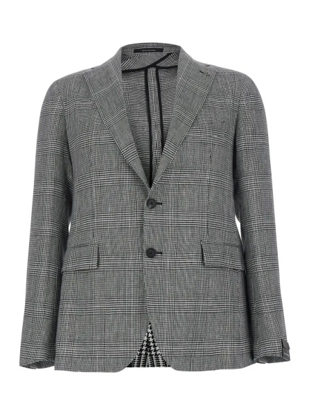 Sacou Grey Single-Breasted Jacket with Notched Revers and All-Over Houndstooth Motif in Cotton and Linen Man