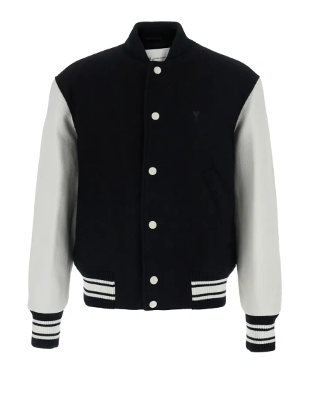 Sacou Jacket teddy padded with leather sleeves in black fabric