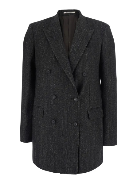 Sacou 'Jasmine'Grey double-breasted jacket with herringbone motif in wool blend for women