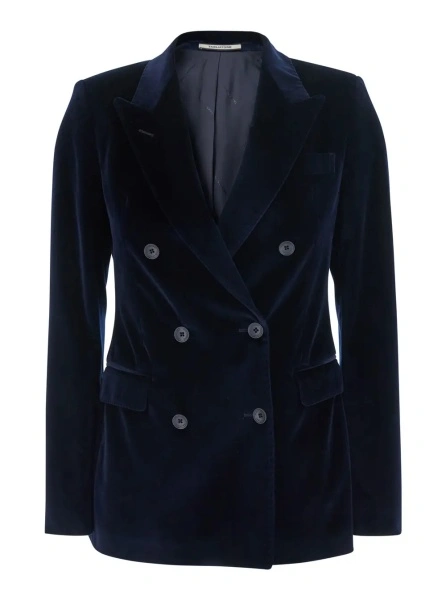 Sacou 'Parigi' Blue Double.Breasted Jacket with Peak revers in Blue Velvet for Women