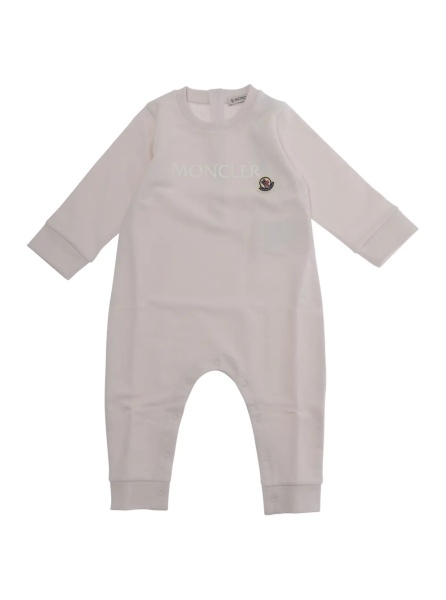 Salopete Crew Neck Romper with Logo Lettering and Logo Patch on the Front in Baby Pink Stretch Cotton