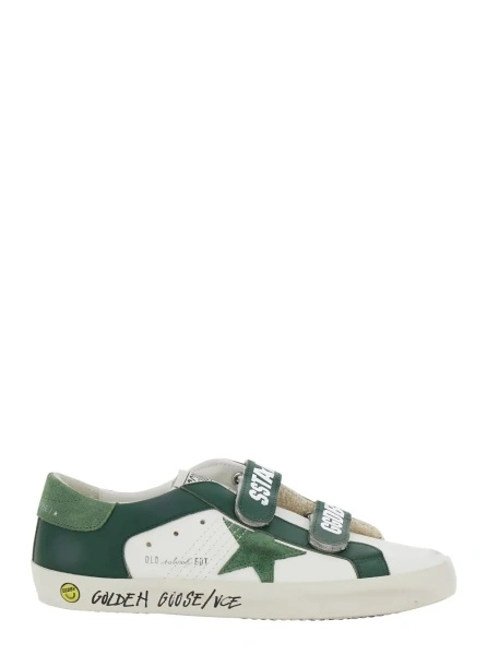 Sneakers 'Old School' White and Green Low Sneakers with Side Star Patch in leather Boy