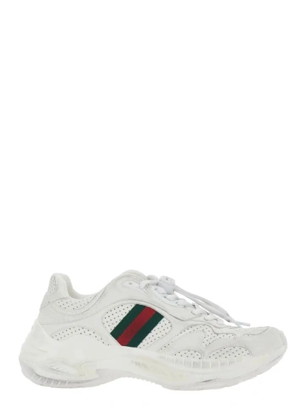 Sneakers White Low Top Sneaker with Perforated Design and Web Detail on the Side in Leather for Women