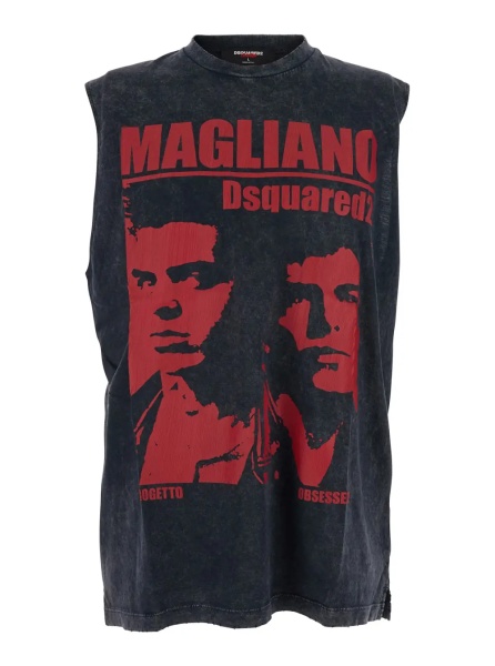 Topuri 'D2 x Magliano' Black Crew Neck Top with Logo Lettering and Front Print in Cotton Man