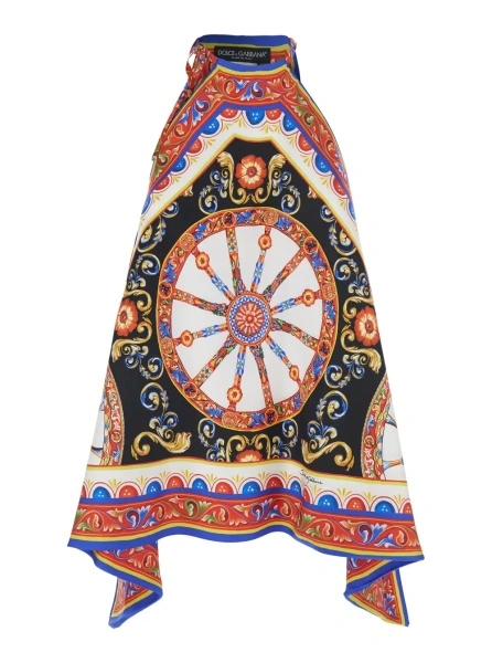 Topuri Multicolor Sleeveless Top with Halterneck and All-Over Carretto Motif in Silk for Women