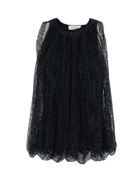 Topuri Top with Mesh Design and All-Over Applied Rhinestones in Black Fabric for Women