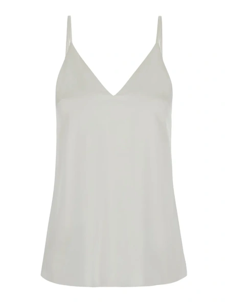 Topuri White Sleeveless top with V-neck and satin effect in stretch silk for women