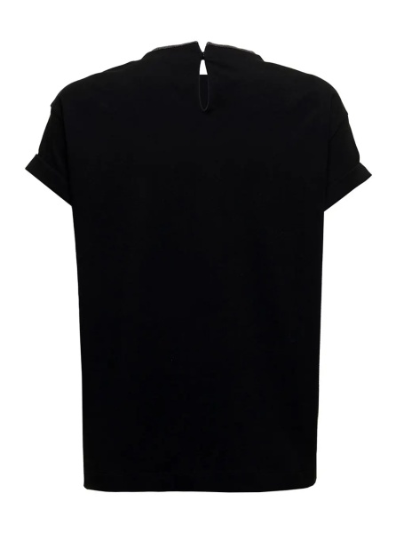 Tricou Brunello Cucinelli Woman's Black Cotton T-Shirt with Monile Crew neck