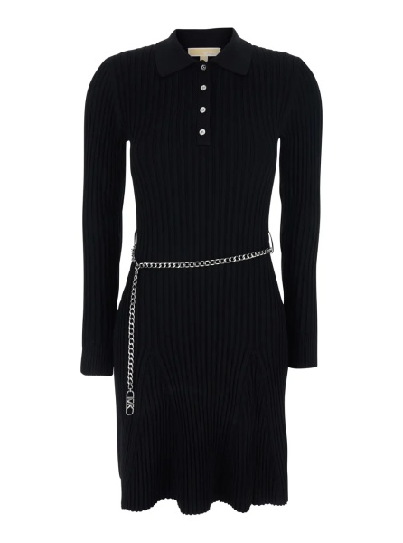 Tricou Polo Black Flared Dress with Polo Collar and Chain on the Front in Viscose Blend Women