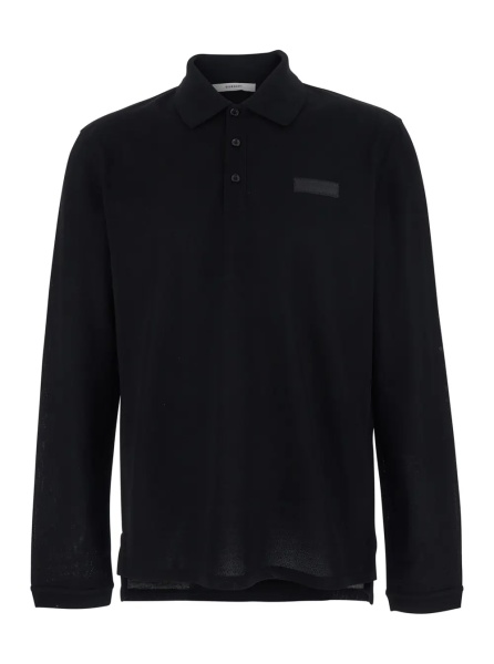 Tricou Polo Black Polo Shirt with Logn Sleeves and Chest Logo Patch in Cotton Man