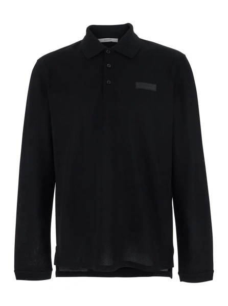 Tricou Polo Black Polo Shirt with Logn Sleeves and Chest Logo Patch in Cotton Man