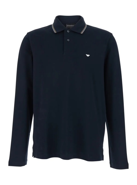 Tricou Polo Blue Long Sleeve Polo with Front Logo in Cotton for Men