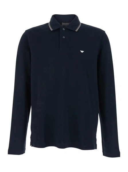 Tricou Polo Blue Long Sleeve Polo with Front Logo in Cotton for Men