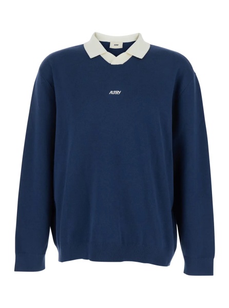 Tricou Polo Blue Polo Shirt with Contrast Collar and Logo on Front in Cotton Blend Man