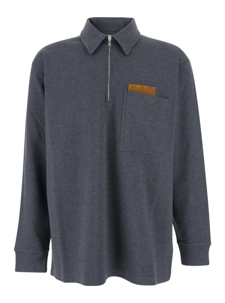 Tricou Polo Grey Polo Shirt with Long Sleeves and Front Patch Pocket in Cotton Man
