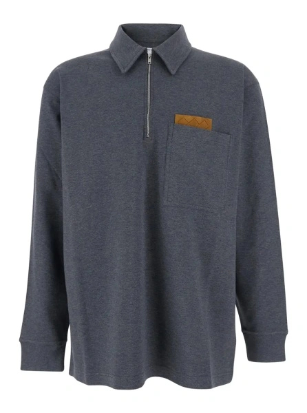 Tricou Polo Grey Polo Shirt with Long Sleeves and Front Patch Pocket in Cotton Man