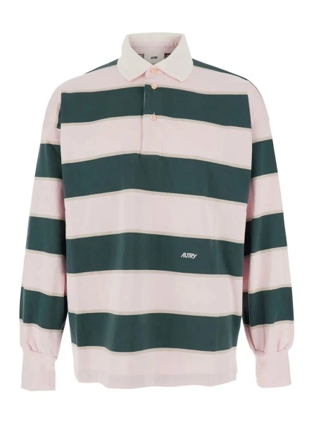 Tricou Polo Pink Polo Shirt with Classic Collar and All-Over Striped Motif in Cotton Man