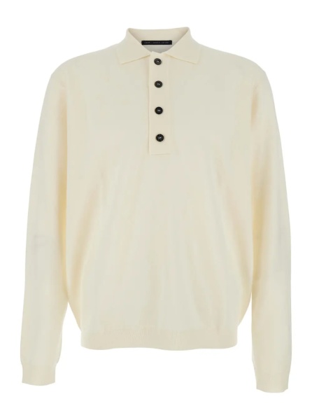 Tricou Polo White Sweater with Polo Shirt Style Collar and Long Sleeves in Wool Man