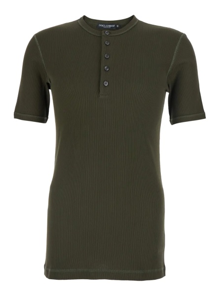 Tricou 'Serafino' Green Crew Neck T-Shirt with Ribbed Knit in Cotton for Men