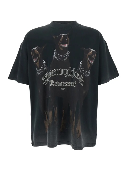 Tricou T-Shirt 'Thoroughbred' with Doberman Graphic Print and Lettering Logo on the Front in Black Cotton for Men