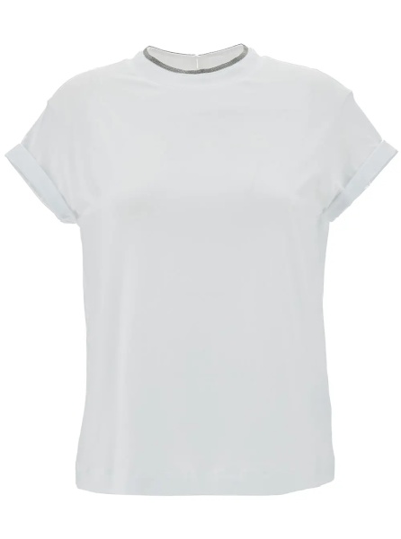Tricou T-Shirt with Monile Detail in White Cotton for Women