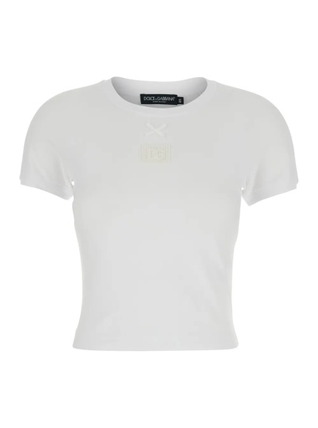 Tricou White Cotton Crew Neck T-Shirt with Bow and Logo on Front for Women