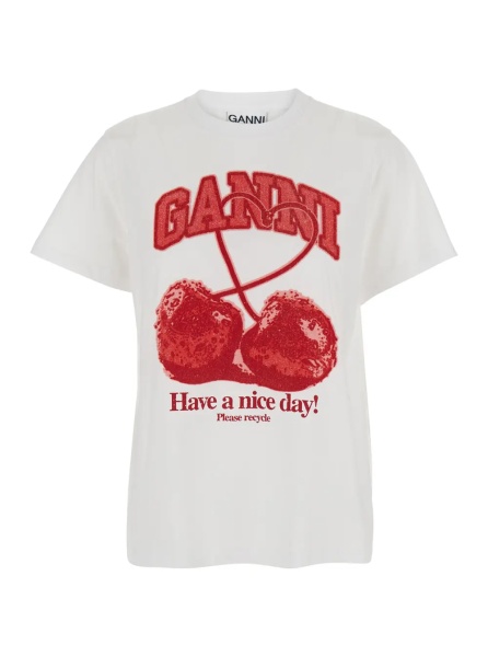 Tricou White Crew neck T-shirt with large logo lettering and cherries on the front in cotton for women