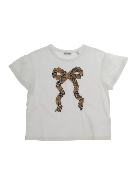 Tricou white T-shirt with bow with Check motif embroidered on the front in cotton Girl