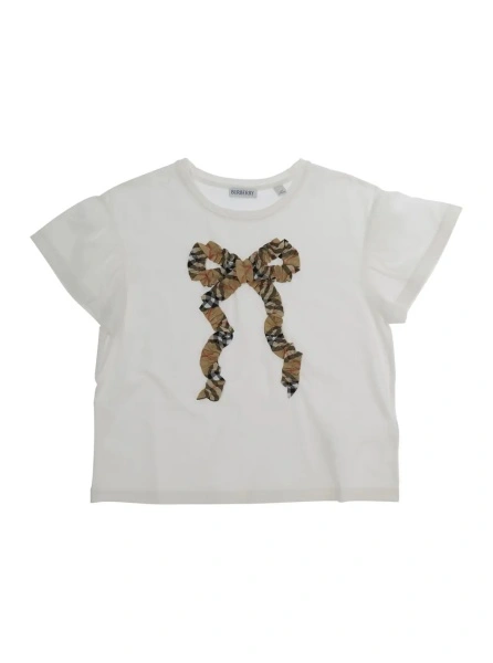 Tricou white T-shirt with bow with Check motif embroidered on the front in cotton Girl