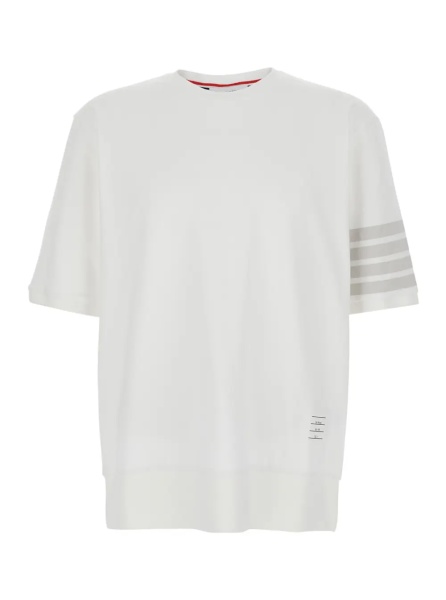 Tricou White T-Shirt with Classic Collar and 4-Bar Detail on Sleeve in Cotton for Men