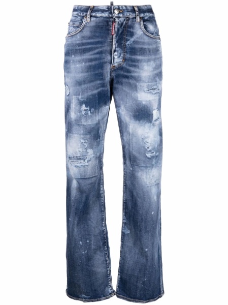 Blugi drepti DSQUARED2 albastri din bumbac si piele