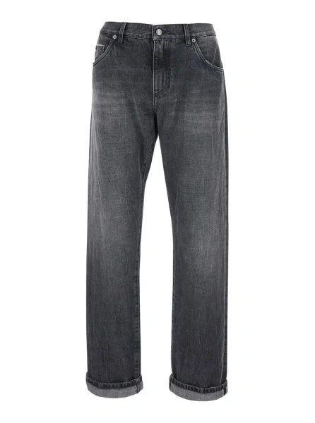 Blugi Gray Jeans with Logo Patch on the Pocket and Faded Effect in Denim for Men