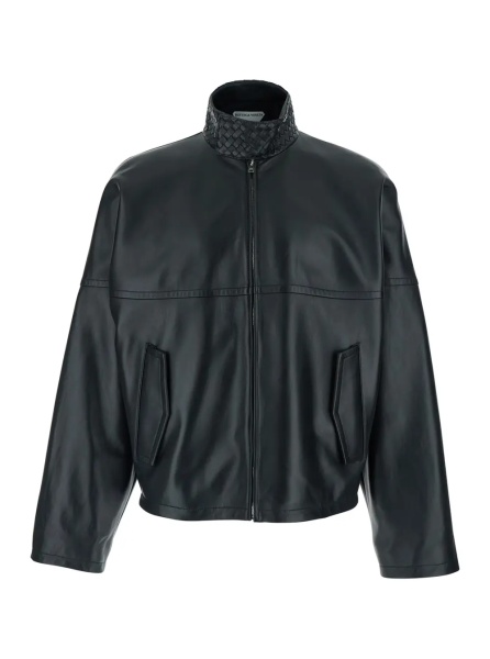 Bomber Black Bomber jacket with high collar with Intreccio design in leather for men