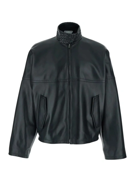Bomber Black Bomber jacket with high collar with Intreccio design in leather for men
