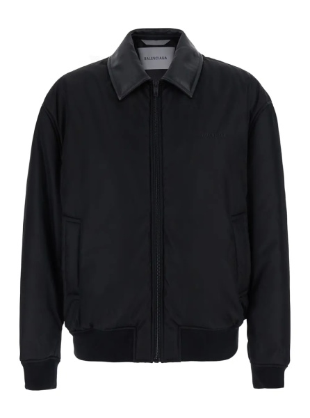 Bomber black Bomber Jacket with shirt collar and logo on the front in Tech Fabric for men
