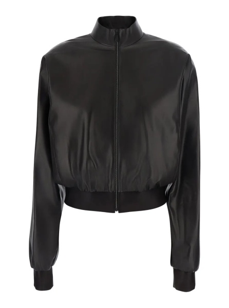 Bomber Black Cropped Bomber Jacket with High Collar in Leather for Women