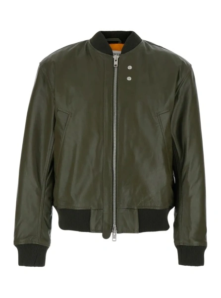 Bomber Bomber Jacket with Two Welt Pockets on the Front in Green Leather for Men
