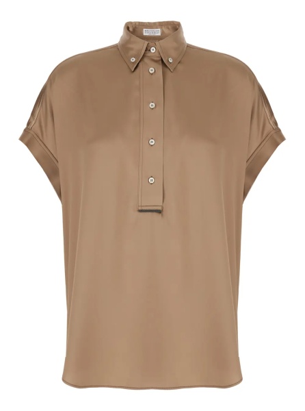 Camasa Beige Stretch Silk Button Down Collar Shirt for Women
