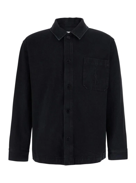 Camasa Black Shirt with classic collar and Cassandre embroidery on the front in cotton for men